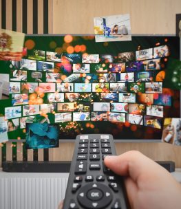 Media concept multiple television screens. Media library streaming service concept